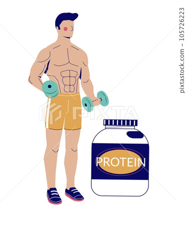 Young muscular bodybuilder standing nearby protein bottle 105726223