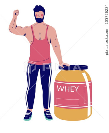 Cartoon sportsman character advertising whey sport nutrition Cartoon sportsman character advertising whey sport nutrition 105726224