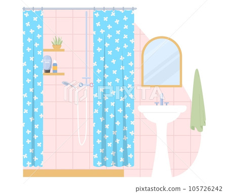 Home bathroom design interior with shower behind curtains Home bathroom design interior with shower behind curtains 105726242