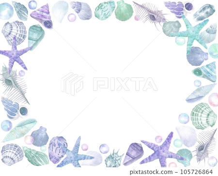 水彩畫的貝殼和海星背景框架 105726864