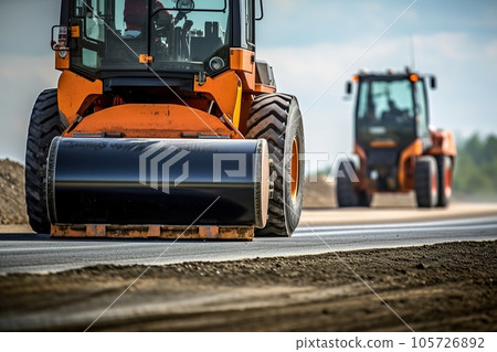 Road roller working on the construction of a new road Road roller working on the construction of a new road 105726892