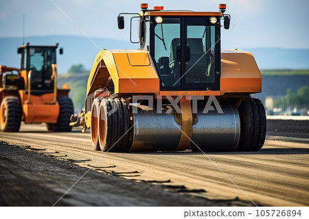 Road roller working on the construction of a new road Road roller working on the construction of a new road 105726894