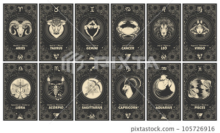 Set of 12 astrology cards with zodiac signs, horoscope, tarot, fortune teller. Vintage engraving, mystical illustration on black background, outline hand drawing, magical esoteric banner. 105726916