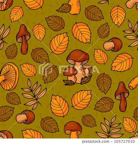 Forest mushrooms. Seamless autumn pattern. Edible fungus on green background with colorful autumn leaves. Vector illustration 105727010