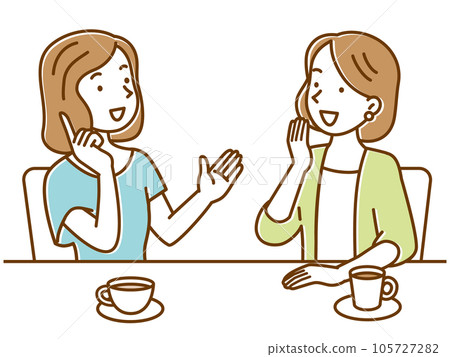 Tea time with two women while chatting happily Tea time with two women while chatting happily 105727282