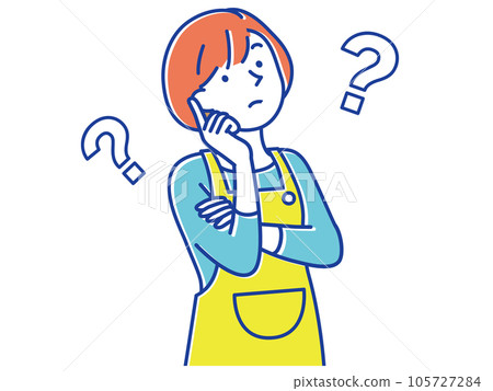 A young woman in an apron who feels doubts and a question mark A young woman in an apron who feels doubts and a question mark 105727284