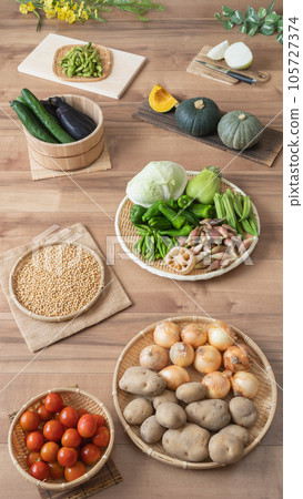 Full of vegetables and wood grain background Full of vegetables and wood grain background 105727374