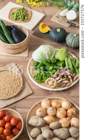 Full of vegetables and wood grain background Full of vegetables and wood grain background 105727376