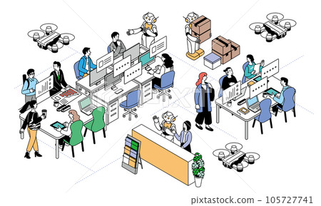 AI機器人和在辦公室工作的人的等距構圖插圖 105727741