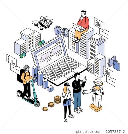 AI 機器人和人的等距構圖插圖 105727742