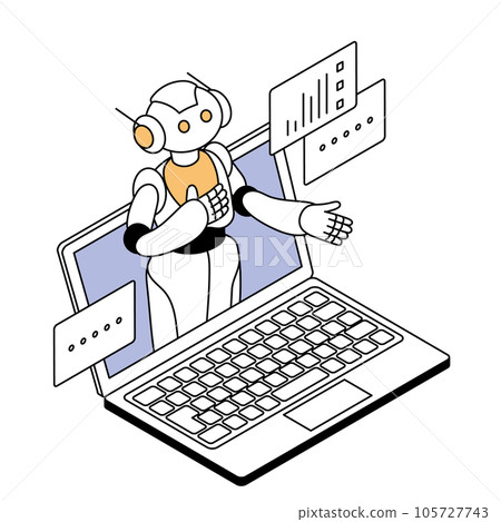 Isometric composition Illustration of an AI robot and a laptop computer Isometric composition Illustration of an AI robot and a laptop computer 105727743
