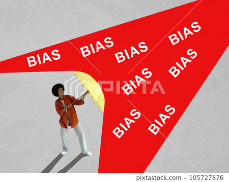Bias concept. Collage with young woman with an umbrella takes shelter from the stream. 105727876
