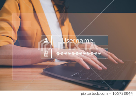 Concept of cyber security, Businesswoman using computer lapop secure access to user's personal information, secure Internet access, cybersecurity, information security and encryption. 105728044