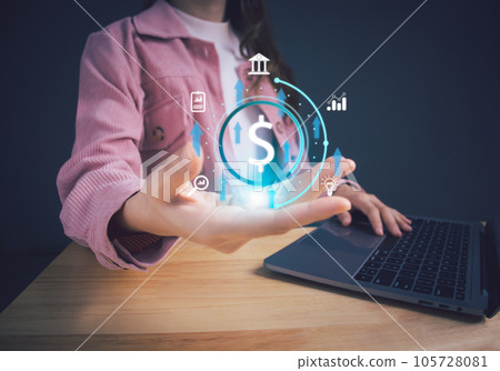 Businesswoman using computer for online banking interbank payment. Business growth investment chart, strategic planning to increase profits from doing business, long-term investment planning concept. Businesswoman using computer for online banking interbank payment. Business growth investment chart, strategic planning to increase profits from doing business, long-term investment planning concept. 105728081