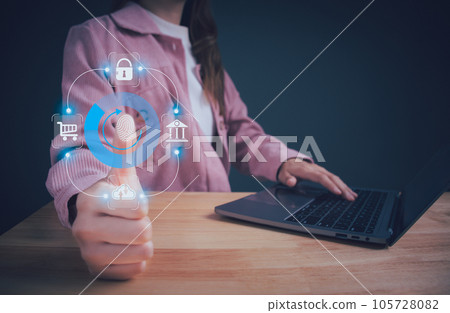 Concept of Technology fingerprint scan provides security, cybersecurity, information security, encryption, secure Internet access, security system, User authentication system, technology Biometrics. 105728082