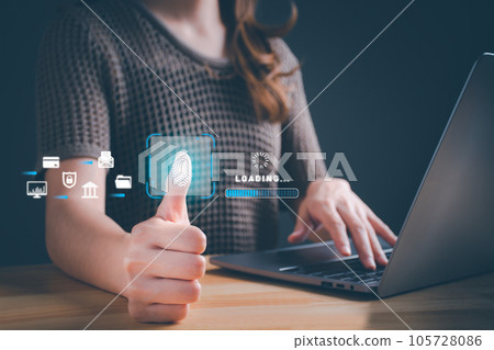 Concept of Technology fingerprint scan provides security, cybersecurity, information security, encryption, secure Internet access, security system, User authentication system, technology Biometrics. Concept of Technology fingerprint scan provides security, cybersecurity, information security, encryption, secure Internet access, security system, User authentication system, technology Biometrics. 105728086