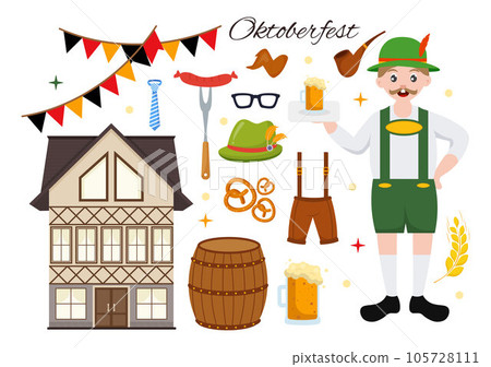 Set of Happy Oktoberfest Festival Elements Vector Illustration with Beer, Sausage, Barrels, Germany Flag and More Cartoon Background Design Templates 105728111