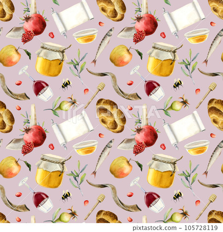 Pastel pink Watercolor Rosh Hashanah symbols seamless pattern for Jewish New year gift wrapping with scroll, pomegranates, honey, apples, fish, challah, shofar and wine 105728119