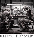 Senior man and AI robot are sitting together at workplace in workshop. Generative AI 105728416