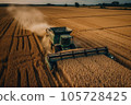 Combine harvester harvests golden ripe wheat field. Agricalture concept. AI Generation 105728425