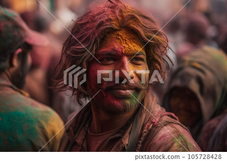 Smiling indian man in colorful powder celebrate Holi festival on people background. AI generative 105728428
