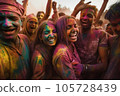 Happy indian people celebrate Holi festival by throwing colorful powder at each other. AI generative 105728439
