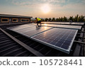 Technician engineer worker is installing solar panels on the house roof. AI generative 105728441