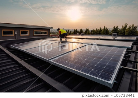 Technician engineer worker is installing solar panels on the house roof. AI generative 105728441