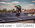 Technician engineer workers installing solar panels on the house roof. AI generative 105728442