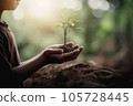 Child hands holding young plant against spring green background. Ecology concept. AI generative 105728445