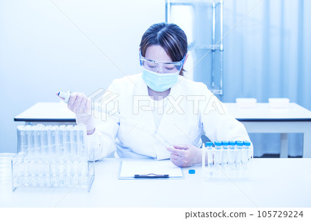 Person doing the test Young researcher experimenting Researcher using a micropipette Science image Image material 105729224