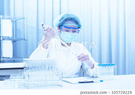Person doing the test Young researcher experimenting Researcher using a micropipette Science image Image material 105729229