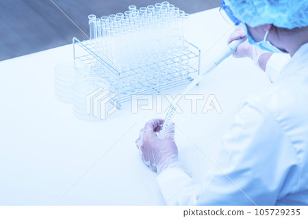 Person doing the test Young researcher experimenting Researcher using a micropipette Science image Image material Person doing the test Young researcher experimenting Researcher using a micropipette Science image Image material 105729235