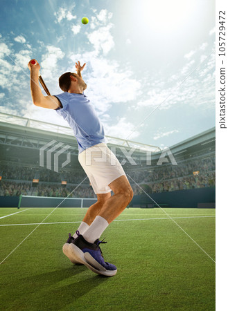 Bottom view image of professional tennis player, man serving ball with racket during game. 3d render of court. Open air arena 105729472