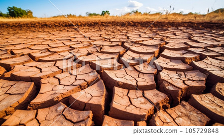 Drought land, dry soil ground in desert area with cracked mud in arid landscape. Shortage of water, climate change and global warming concept close up shot. Generative AI 105729848