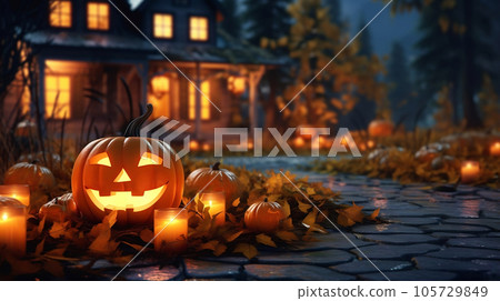 Haunted house decorated with spooky jack o'lantern carved pumkins and glowing candles, very creepy place for trick or treating on Halloween night, with copy space. Generative AI Haunted house decorated with spooky jack o'lantern carved pumkins and glowing candles, very creepy place for trick or treating on Halloween night, with copy space. Generative AI 105729849