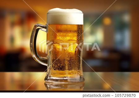 A mug of beer with foam on the table at the party, on blurred background, close up shot with copy space, Internationnal beer day concept. Generative AI A mug of beer with foam on the table at the party, on blurred background, close up shot with copy space, Internationnal beer day concept. Generative AI 105729870