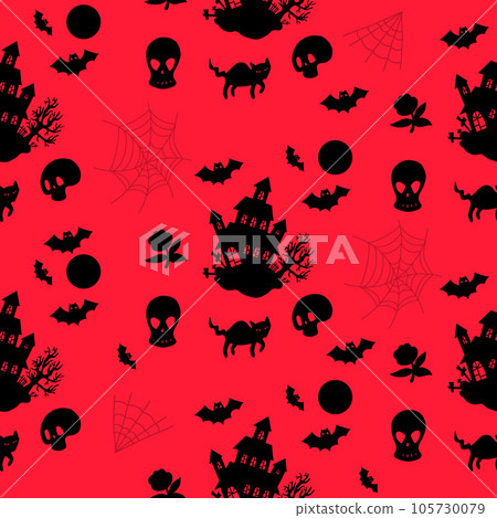 Halloween Seamless pattern with spooky house on red background with skulls, bats, black cat and cobwebs. Vector illustration for festive design, packaging, wallpaper, textile 105730079