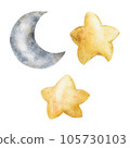 Watercolor hand drawn illustration, magical cosmos universe items, crescent moon and stars. Set of single objects isolated on white background. For kids, children bedroom, fabric, linens print, cards 105730103