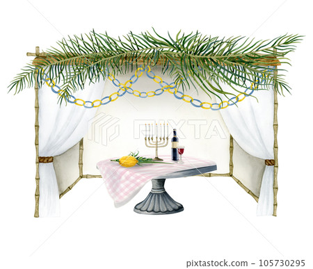Sukkah with palm leaves, paper decorations and Jewish Sukkot symbols, menorah, wine, lulav on table watercolor illustration isolated on white background for Jewish holiday. Hand drawn succah hut 105730295