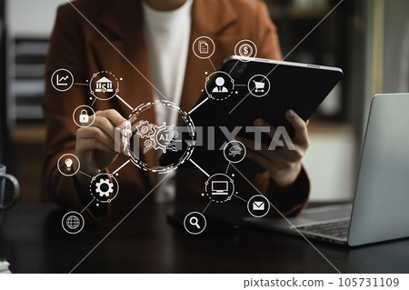 Digital transformation technology strategy, Person using laptop, tablet and smartphone with of things. transformation of ideas and the adoption. Digital transformation technology strategy, Person using laptop, tablet and smartphone with of things. transformation of ideas and the adoption. 105731109