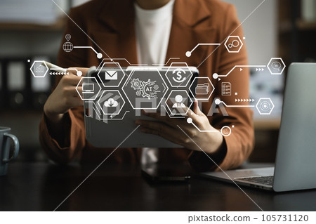 Digital transformation technology strategy, Person using laptop, tablet and smartphone with of things. transformation of ideas and the adoption. 105731120