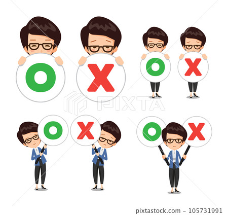 A person in a suit is holding a signpost with correct and incorrect answers. 105731991