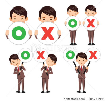 A person in a suit is holding a signpost with correct and incorrect answers. 105731995