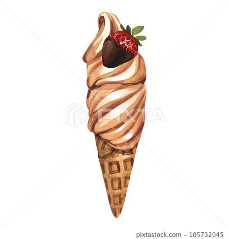 Watercolor dessert, soft ice cream waffle cone with strawberry in chocolate. Hand-drawn illustration isolated on white background. Perfect food menu, design packing, bakery shop, cooking, tea party. Watercolor dessert, soft ice cream waffle cone with strawberry in chocolate. Hand-drawn illustration isolated on white background. Perfect food menu, design packing, bakery shop, cooking, tea party. 105732045