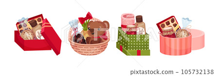 Present Baskets and Carton Boxes Full of Gifts Vector Set Present Baskets and Carton Boxes Full of Gifts Vector Set 105732138