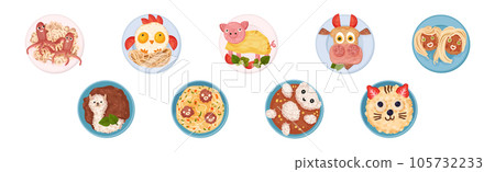 Food for Kids on Plates Serving Ideas Top View Vector Set 105732233