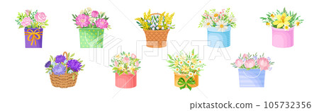 Bunch of Flowers in Bright Box and Basket as Gift Vector Set Bunch of Flowers in Bright Box and Basket as Gift Vector Set 105732356