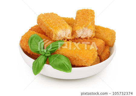 Fish finger or stick with basil in ceramic bowl isolated on white background with full depth of field 105732374