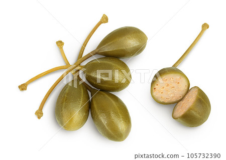 Capers isolated on white background. Pickled or canned capers. Top view. Flat lay Capers isolated on white background. Pickled or canned capers. Top view. Flat lay 105732390